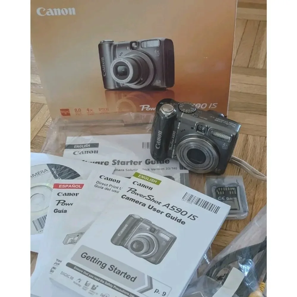 Canon PowerShot A590 IS Gray 8MP Digital Camera Box Card Tested Works PC1263